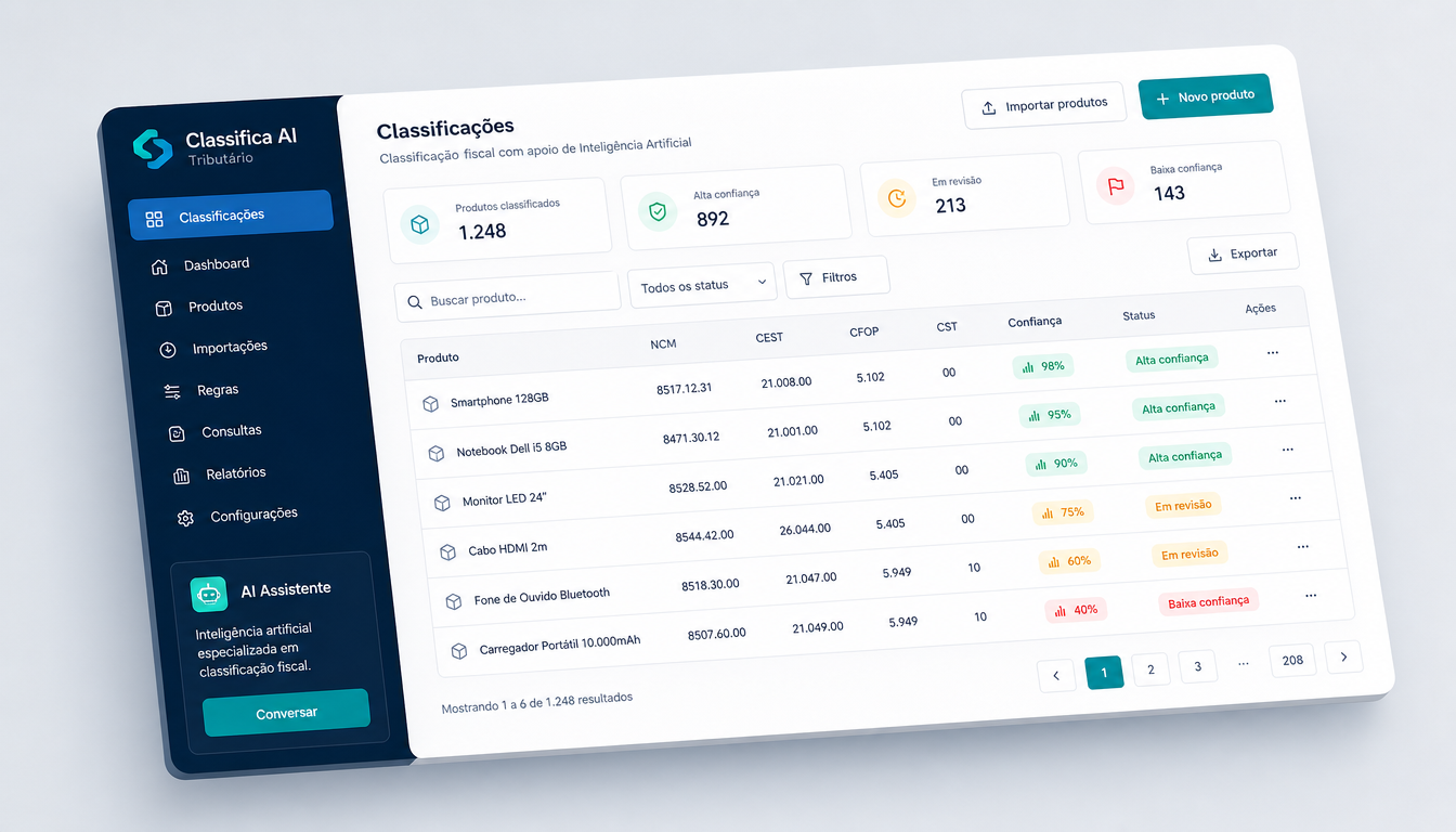 Dashboard do classificador fiscal mostrando produtos classificados com NCM, CEST, CFOP e CST